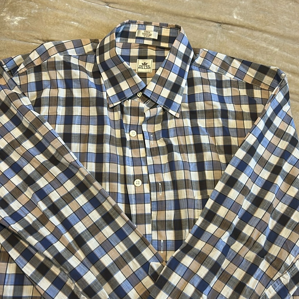 Peter Millar-Tan, Blue, White plaid Men’s button down- size L